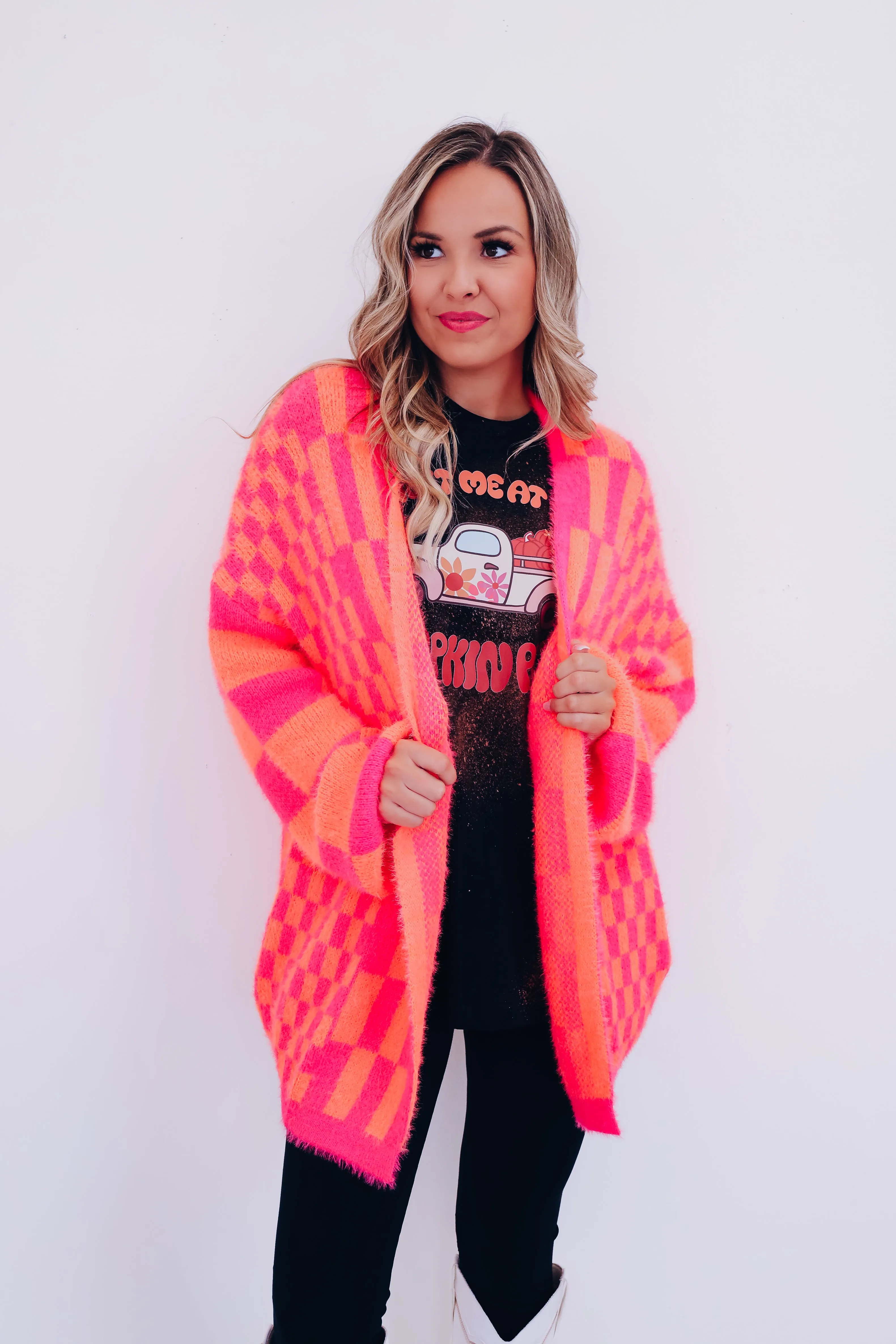 Alina Checkered Oversized Cardigan - Orange/Pink