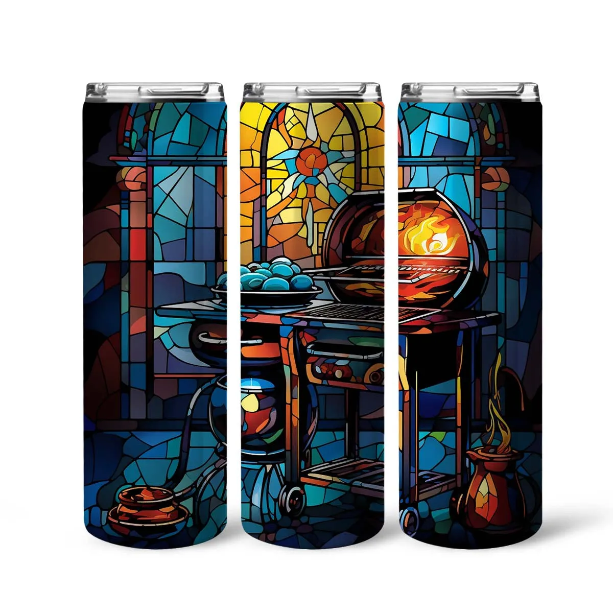 BBQ Grill In Stained Glass 20oz Skinny Tumbler, Outdoors Tumbler, Food Lover, Vibrant Tumbler, Trending Tumbler