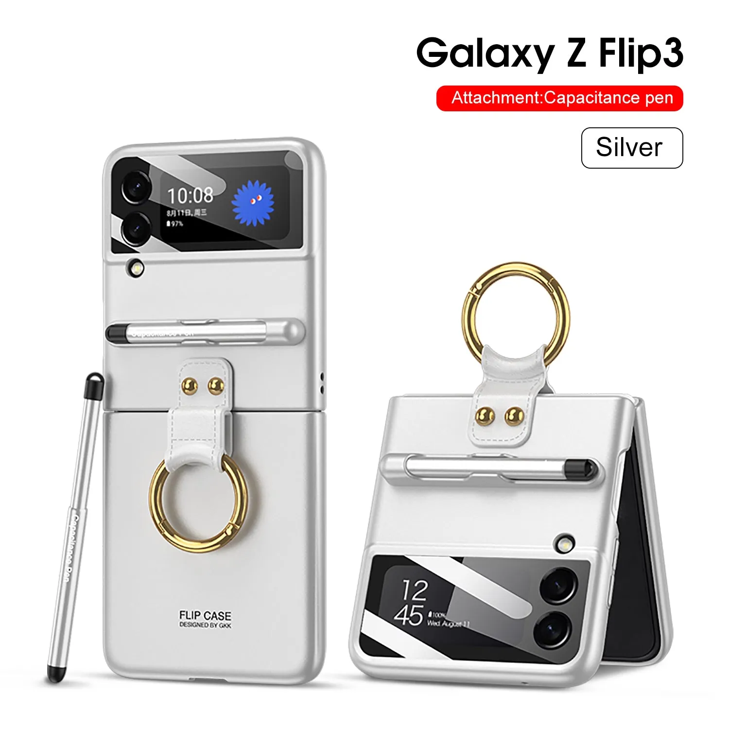 Capacitance Pen Plastic Cover For Samsung Galaxy Z Flip 3 5G Case Finger-Ring Back Screen Protector Cover For Galaxy Z Flip3