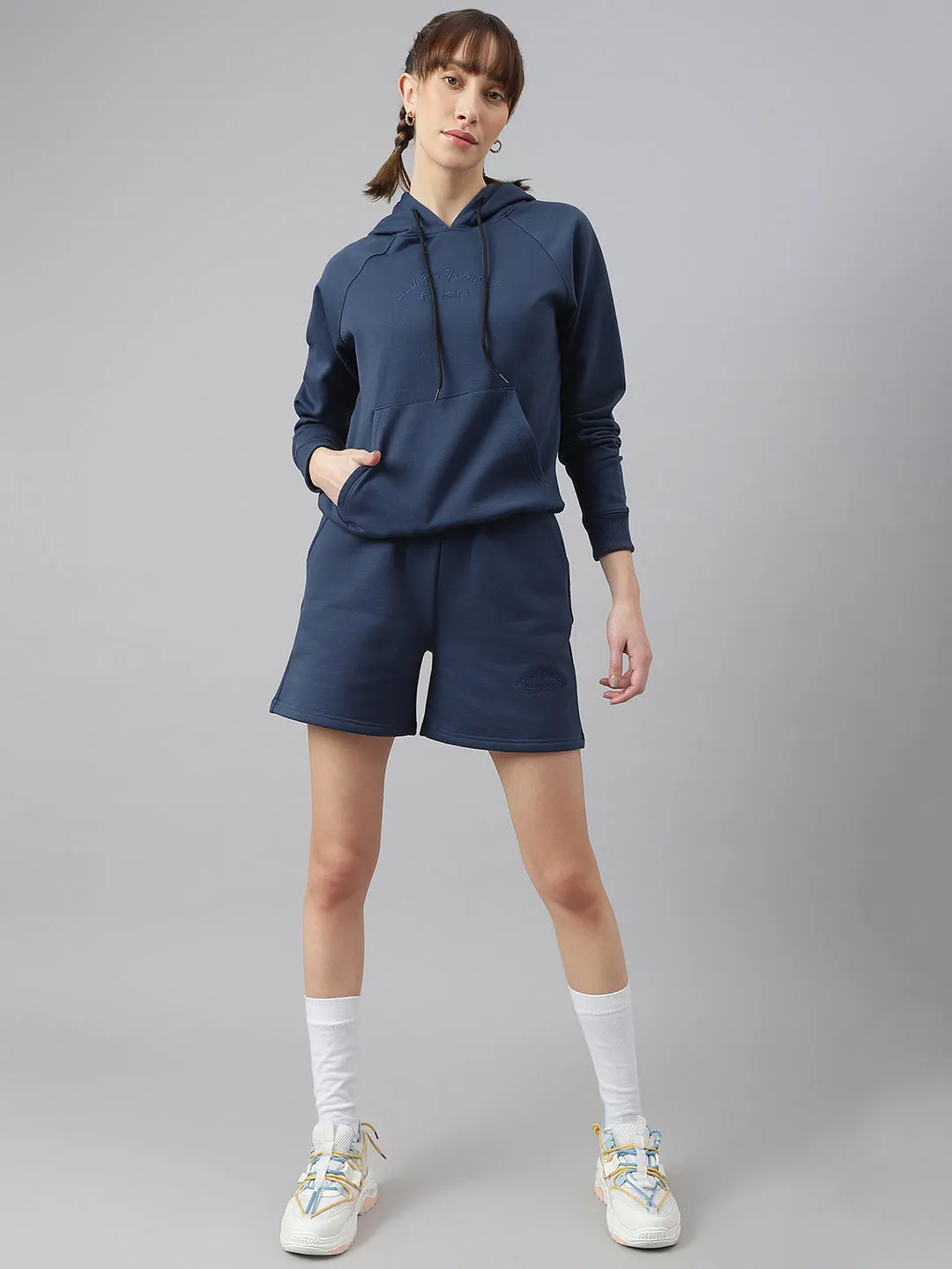 Fitkin Women Blue Fleece Regular Fit Hooded Sweatshirt
