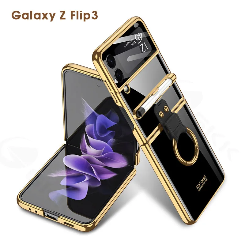 Luxury Plating Cover For Samsung Galaxy Z Flip 3 Case Back Protector Film With Ring Stand Hard Cover For Galaxy Z Flip3 Case