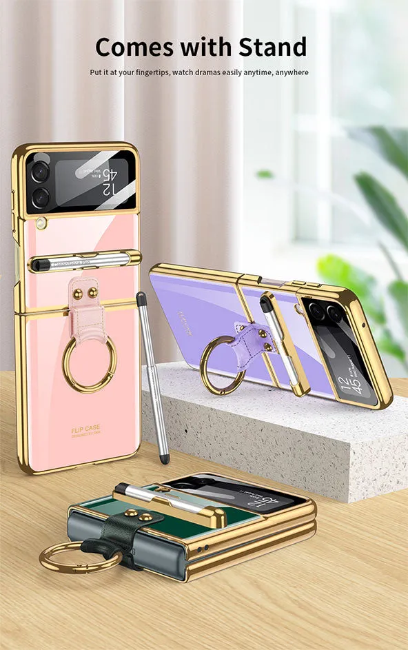 Luxury Plating Cover For Samsung Galaxy Z Flip 3 Case Back Protector Film With Ring Stand Hard Cover For Galaxy Z Flip3 Case