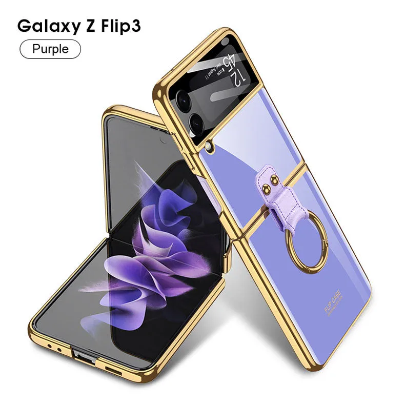 Luxury Plating Cover For Samsung Galaxy Z Flip 3 Case Back Protector Film With Ring Stand Hard Cover For Galaxy Z Flip3 Case