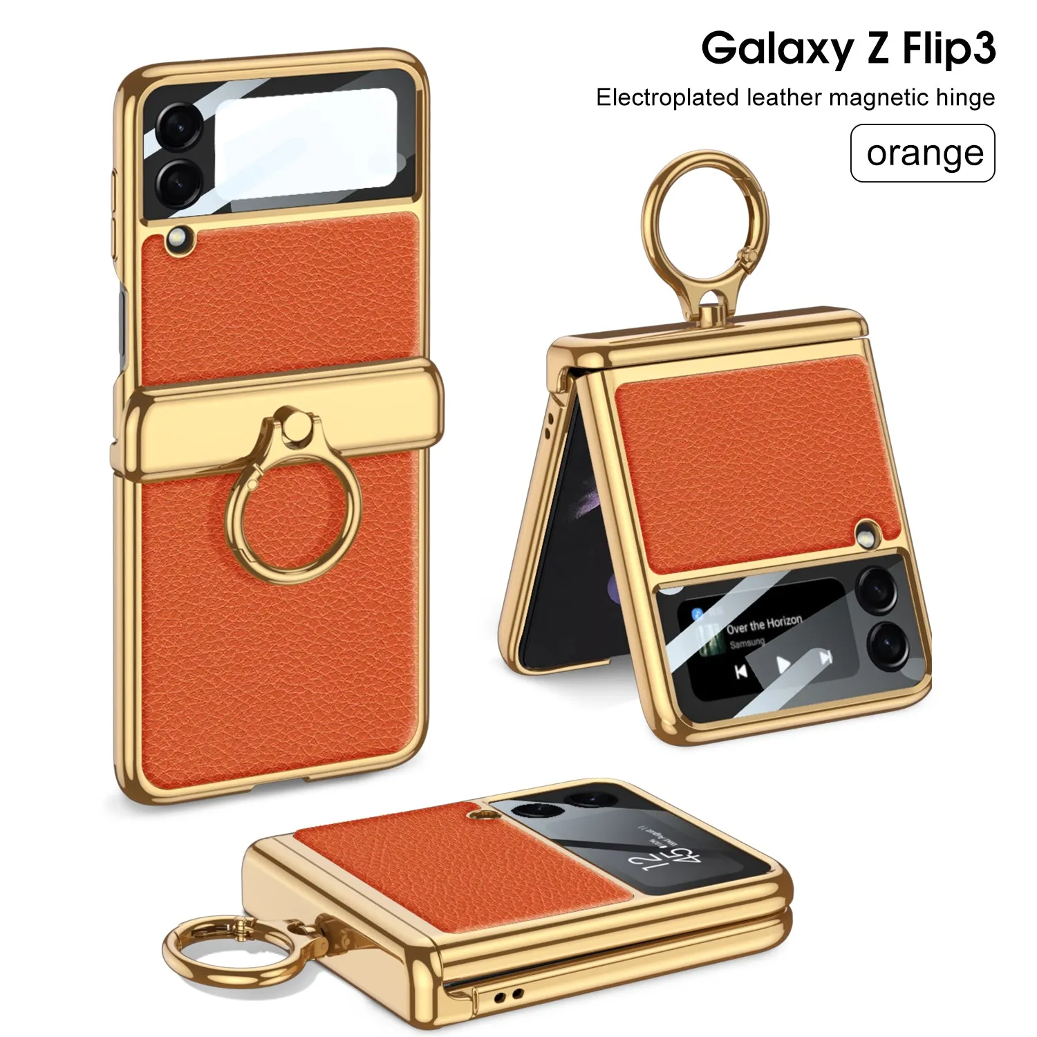 Magnetic Hinge Leather Texture Cover For Samsung Galaxy Z Flip 3 Case Back Screen Glass Plating Hard For Galaxy Z Flip3 Case