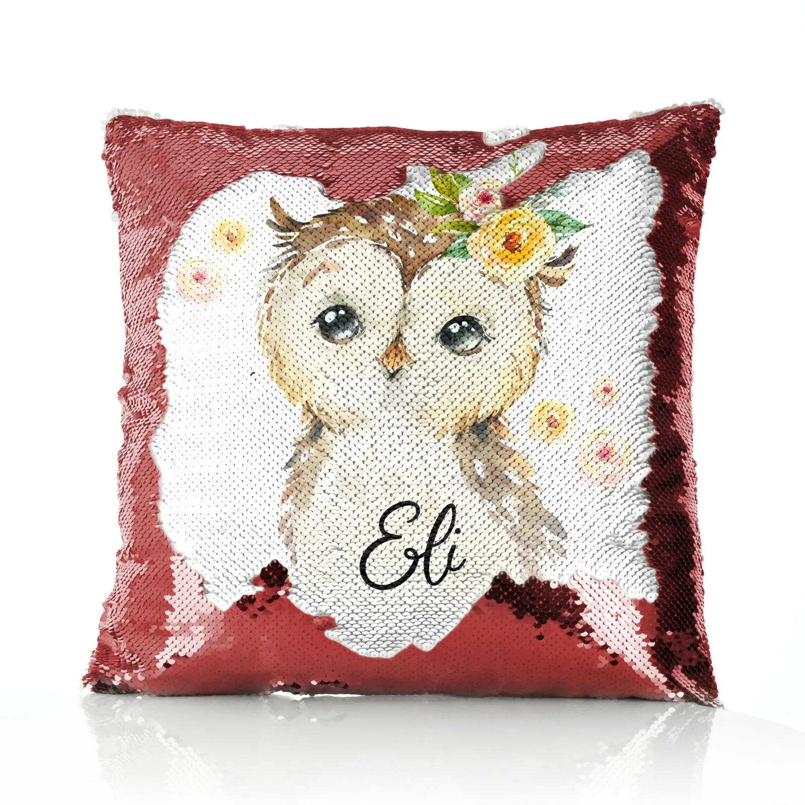 Personalised Sequin Cushion with Brown Owl Yellow Flowers and Cute Text