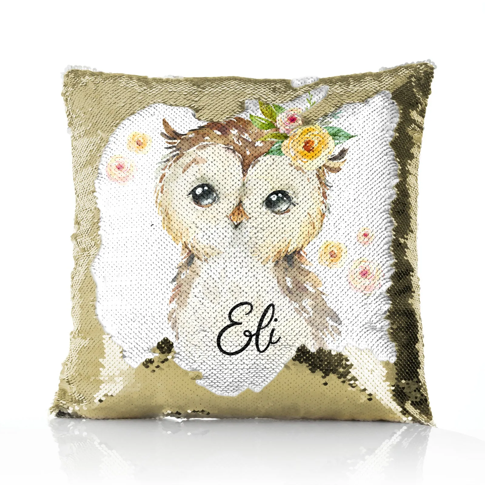 Personalised Sequin Cushion with Brown Owl Yellow Flowers and Cute Text