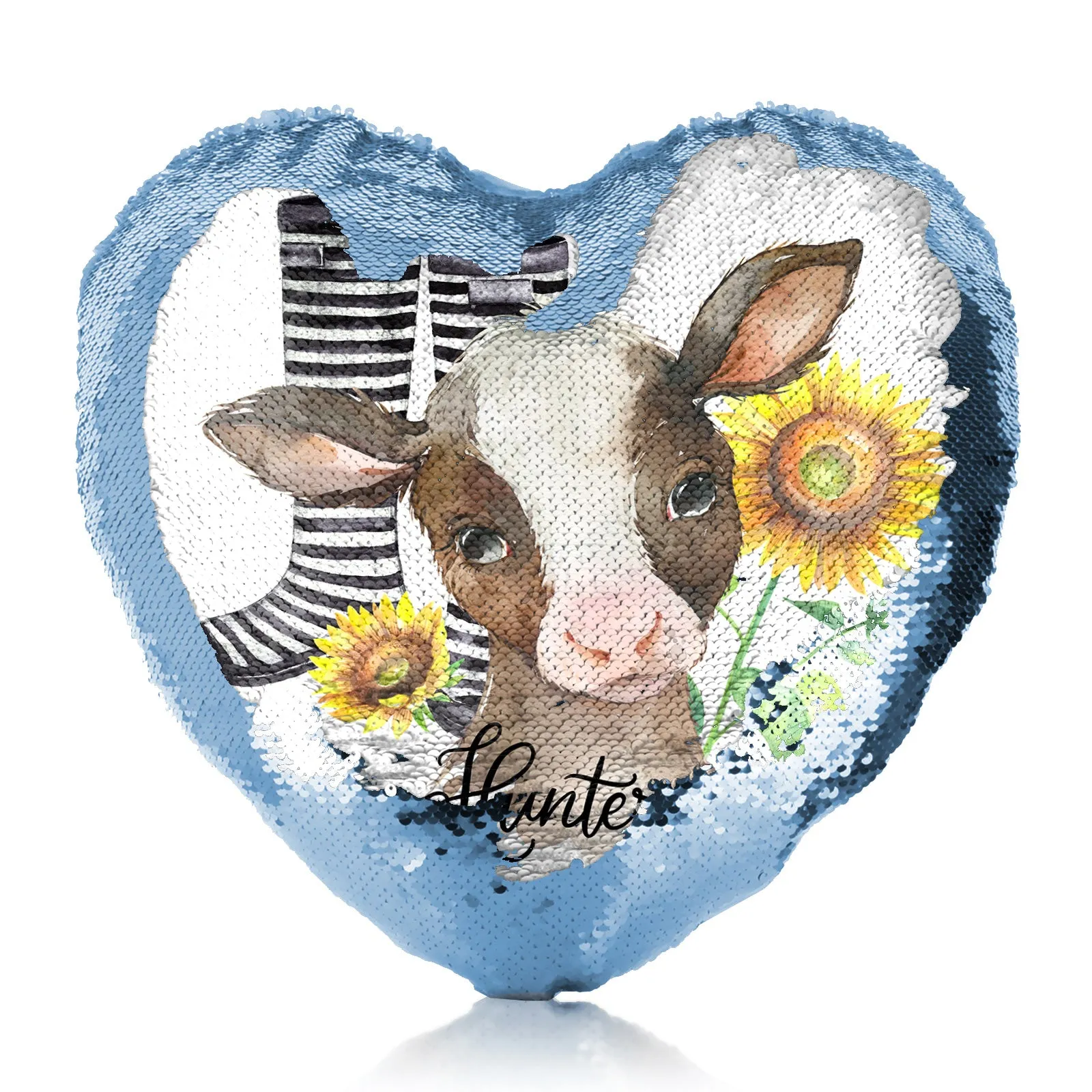 Personalised Sequin Heart Cushion with Brown Cow Yellow Sunflowers and Cute Text
