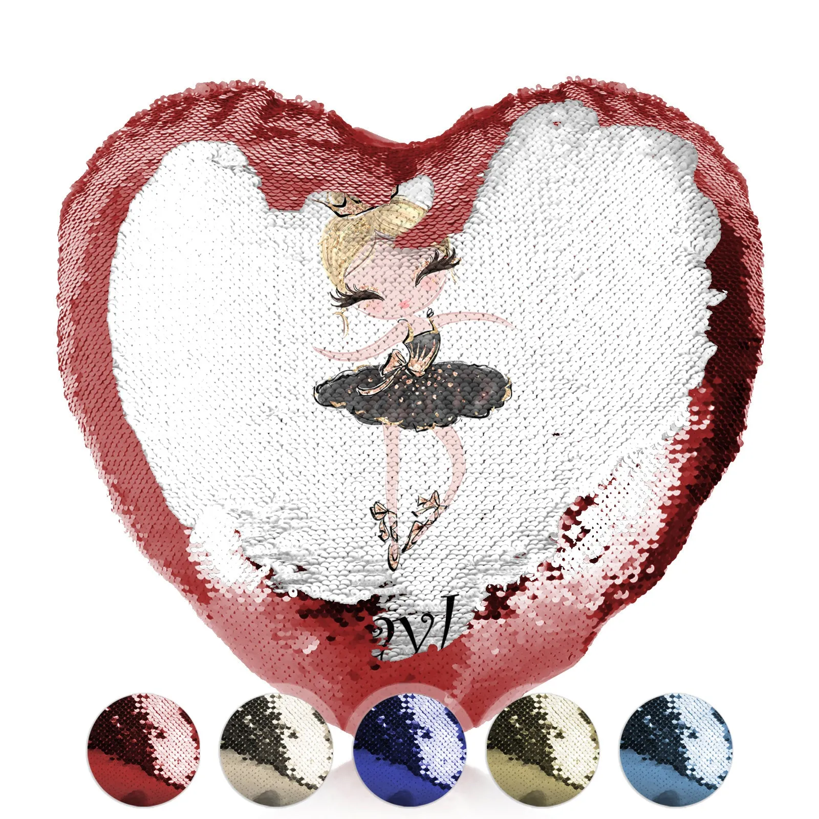 Personalised Sequin Heart Cushion with Cute Text and Blonde Hair Black Dress Tiara Ballerina