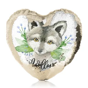 Personalised Sequin Heart Cushion with Grey Wolf Blue Flowers and Cute Text