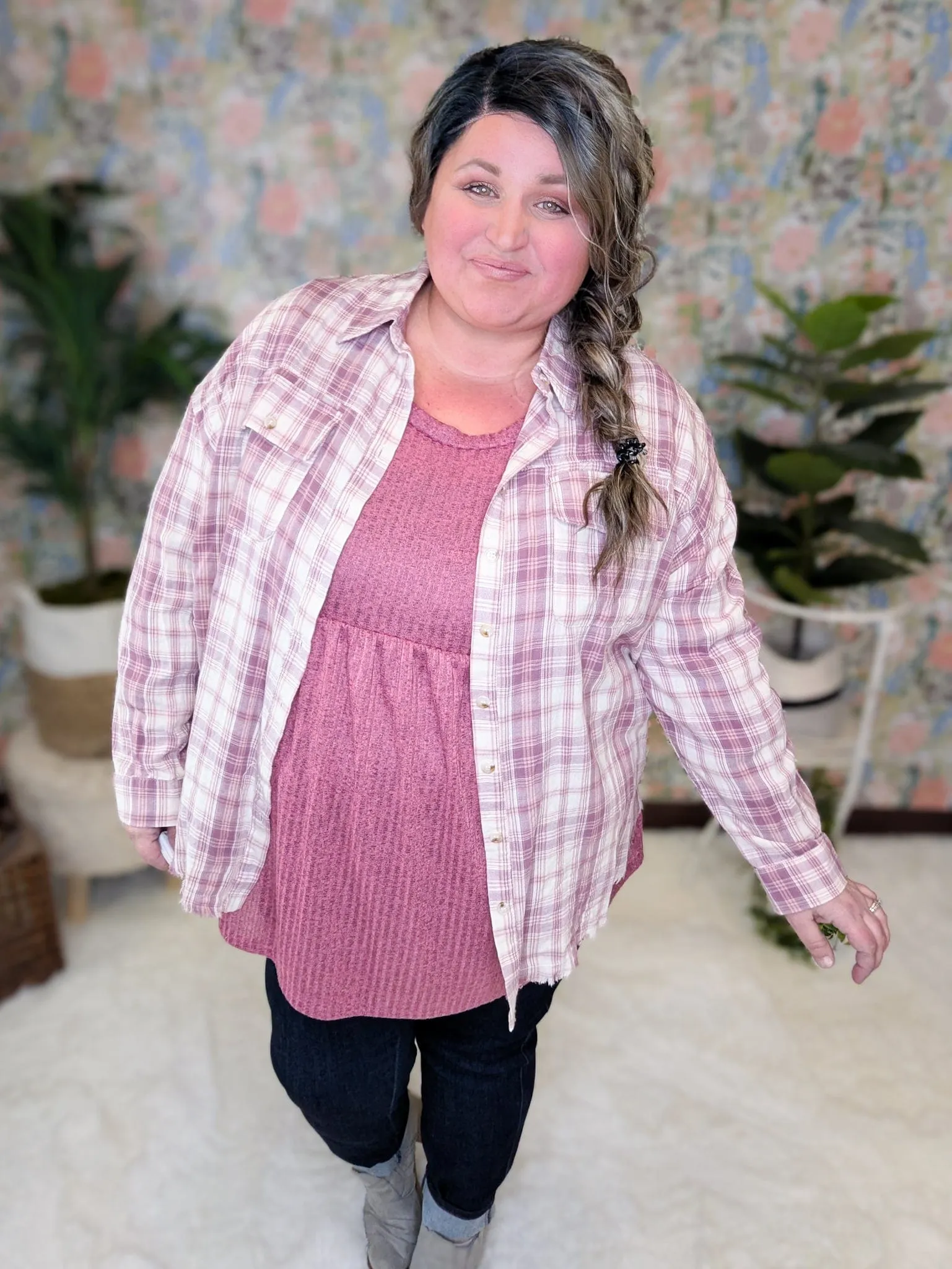 Sophie Plaid ButtonDown w/Fringe Bottom in Pinky Plum